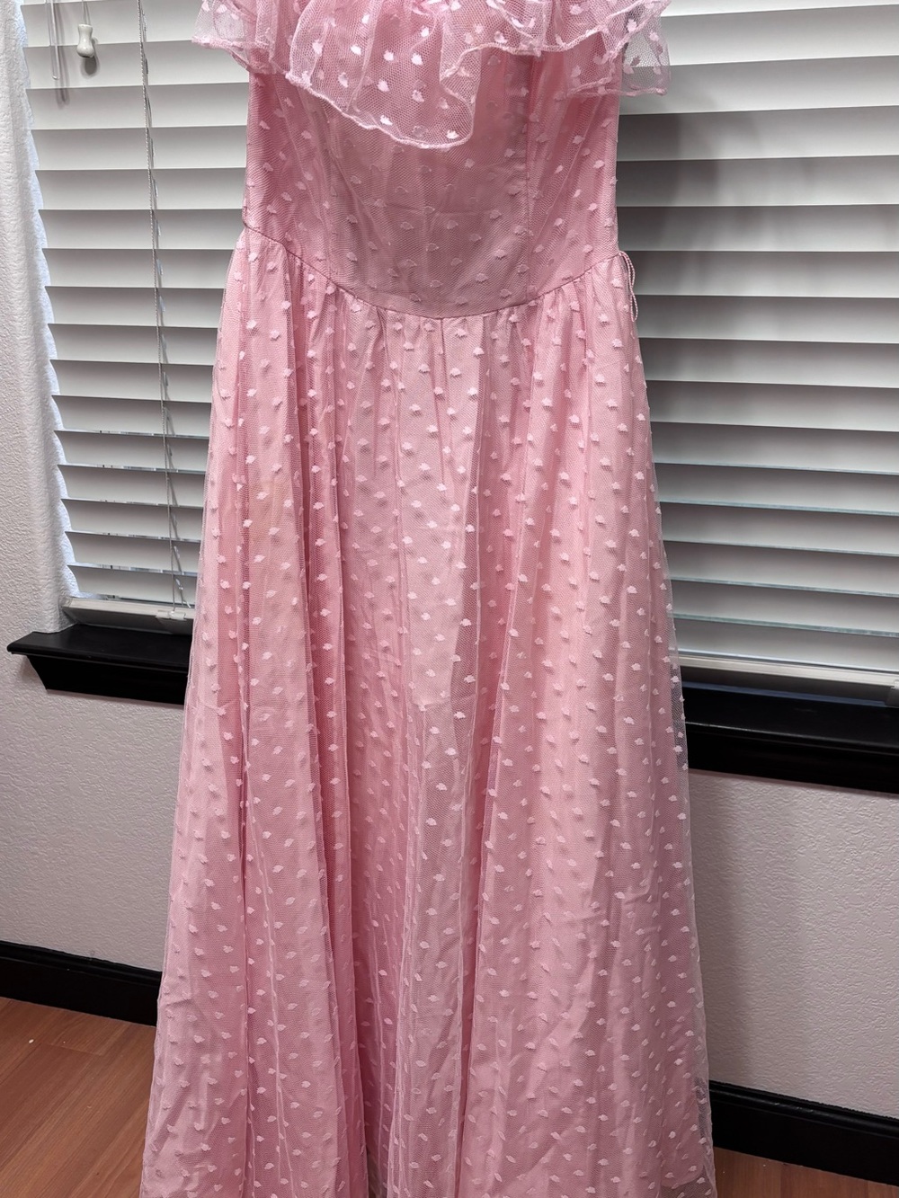 Vintage 1980s Jolie Madame Pink Swiss Dot Ruffle Prom Gown Size 9/10